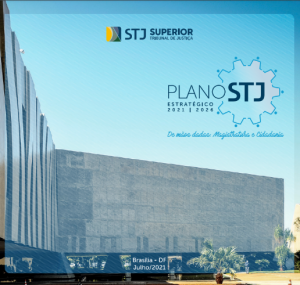 Capa do Plano estratégico do STJ de 2021 a 2026 com fachada do Tribunal